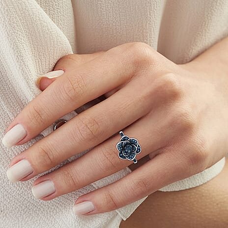 Djoy - Blue Natural Diamond Floral Ring in Rhodium Overlay Sterling Silver  0.52 Ct.