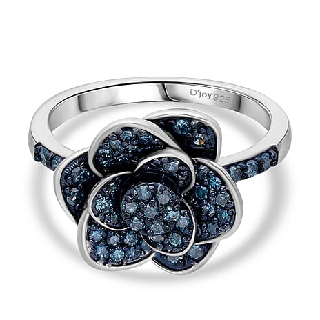 Djoy - Blue Natural Diamond Floral Ring in Rhodium Overlay Sterling Silver  0.52 Ct.