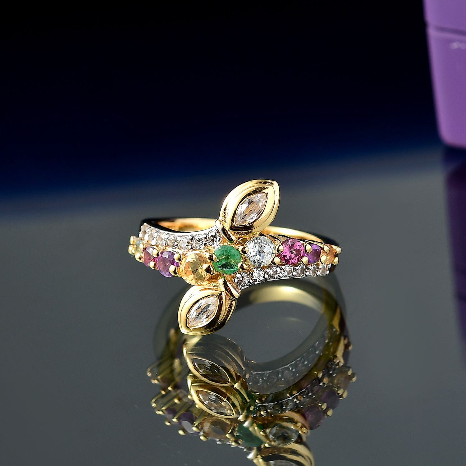 Skyblue Topaz & Multi Gemstones Ring in 18K Vermeil Yellow Gold Plated Sterling Silver 1.08 Ct.