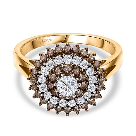 Djoy - White Diamond & Champagne Diamond Ring in Vermeil Yellow Gold Plated Sterling Silver 1.00 Ct.