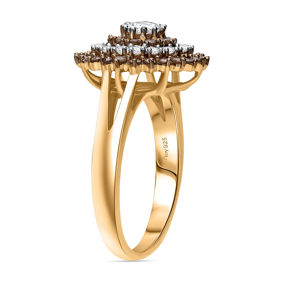 D'joy - White Diamond & Champagne Diamond Ring in Vermeil Yellow Gold Plated Sterling Silver 1.00 Ct.