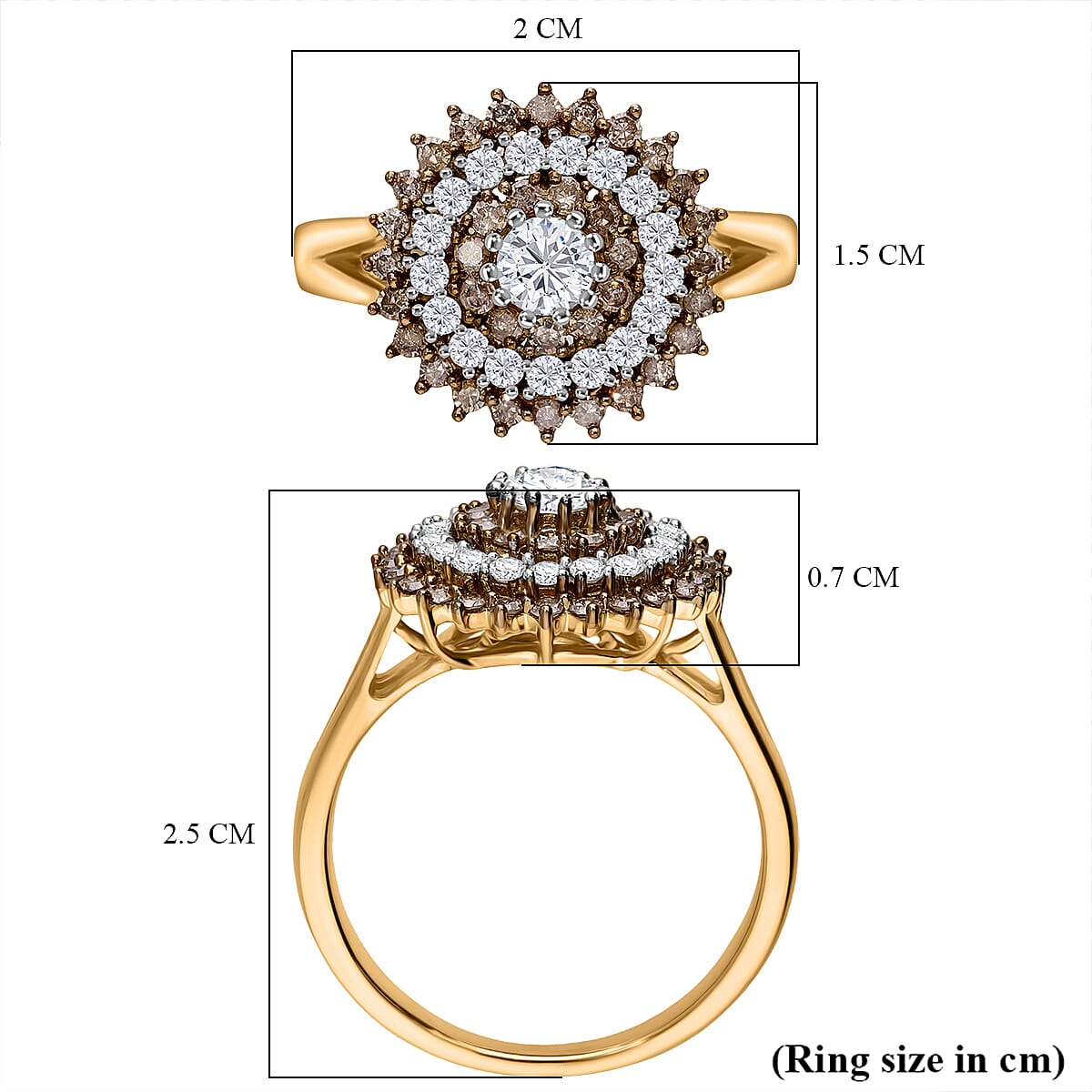 D'joy - White Diamond & Champagne Diamond Ring in Vermeil Yellow Gold Plated Sterling Silver 1.00 Ct.