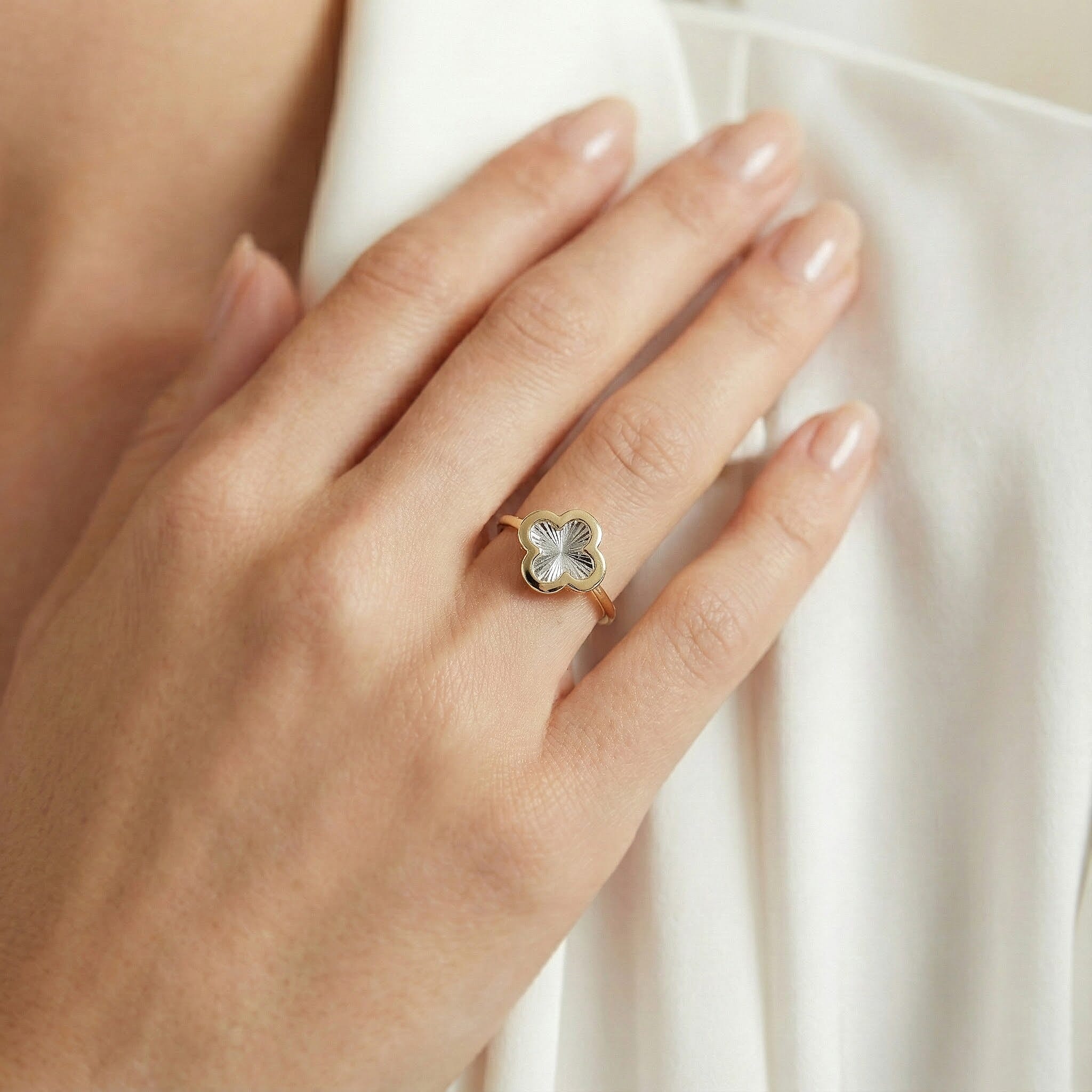 Closeout Deal - 9K Yellow & White Gold Quatrefoil Ring