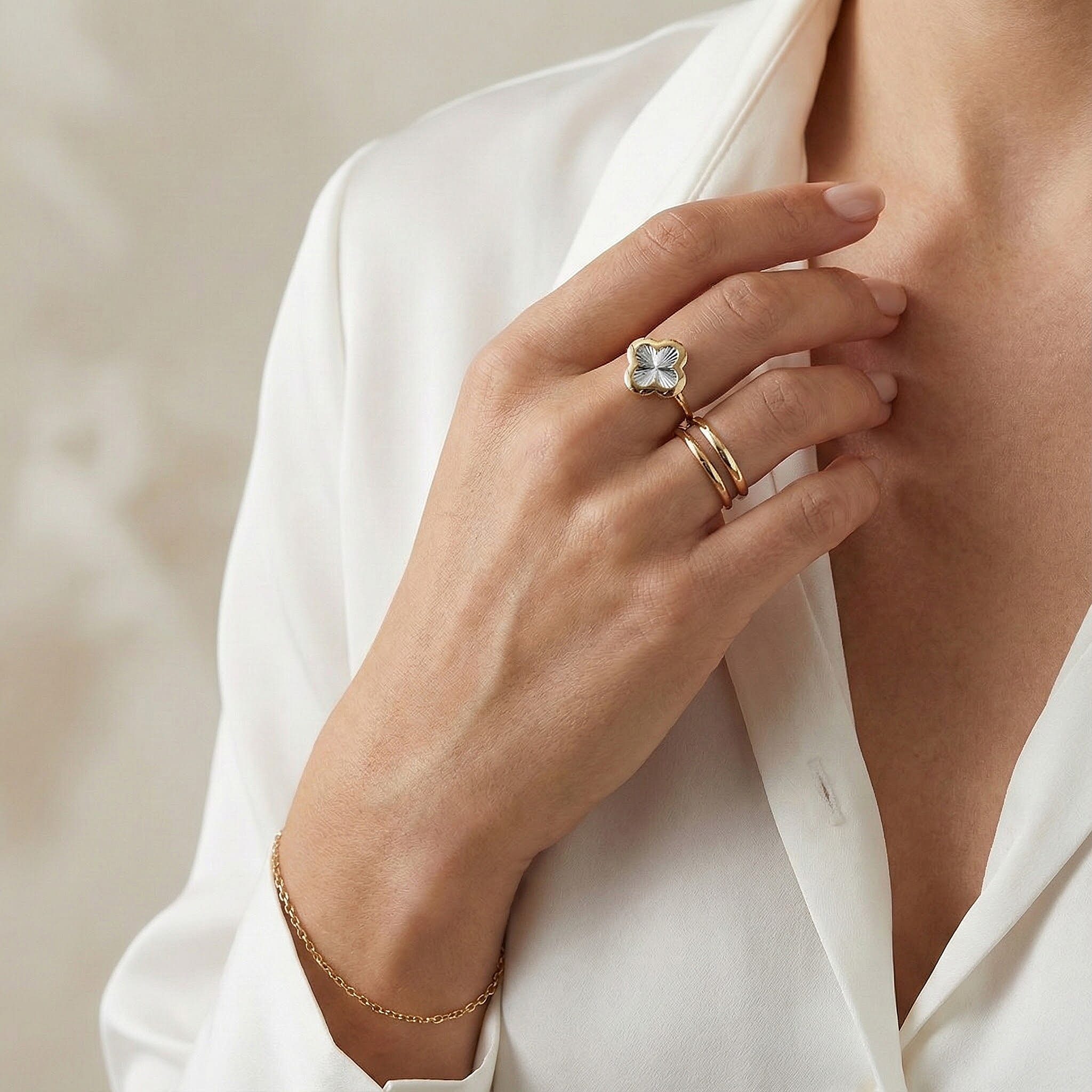 Closeout Deal - 9K Yellow & White Gold Quatrefoil Ring