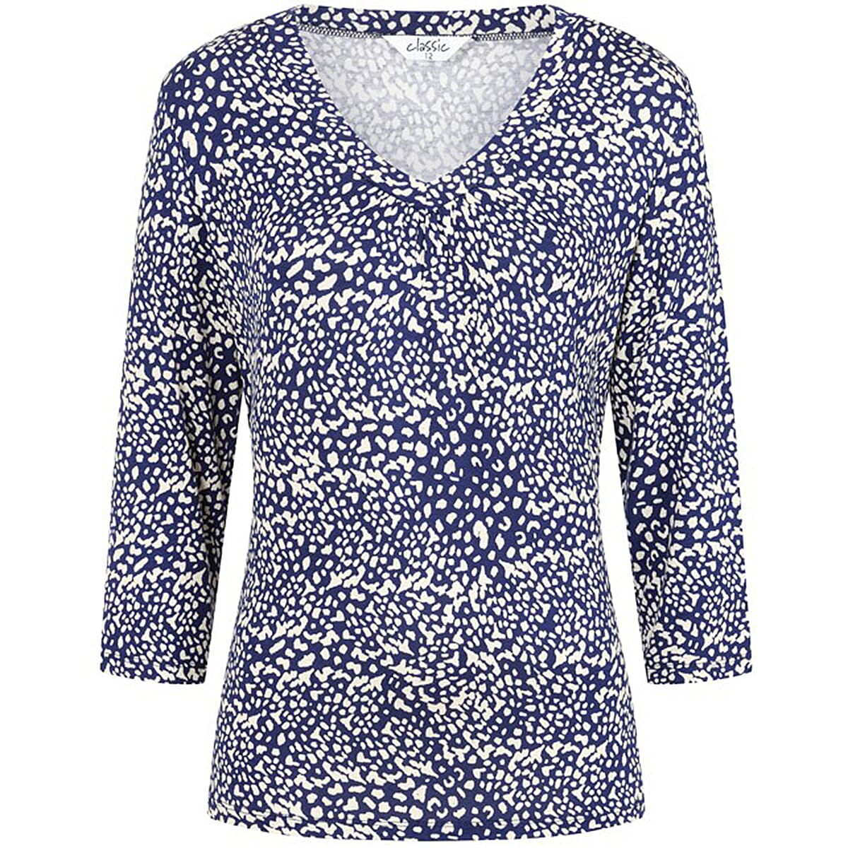 Classic Abstract Print V-Neck Top with 3-4 Sleeves (Size 12) - Navy - White