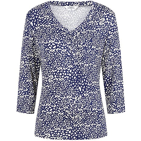 Classic Abstract Print V-Neck Top with 3-4 Sleeves (Size 16) - Navy - White