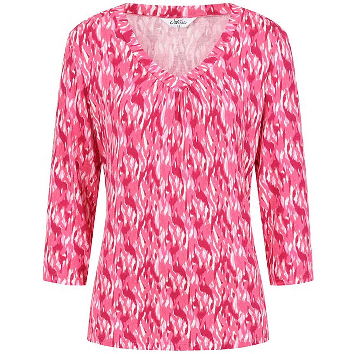 Classic Abstract Print V-Neck Top with 3-4 Sleeves (Size 12) - Navy - White