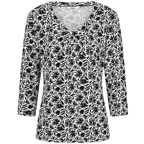 Classic Abstract Print V-Neck Top with 3-4 Sleeves (Size 10) - Black