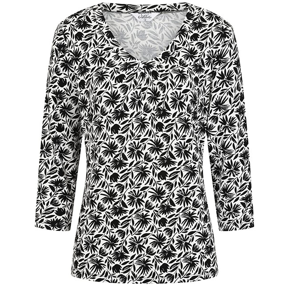 Classic Abstract Print V-Neck Top with 3-4 Sleeves (Size 12) - Navy - White