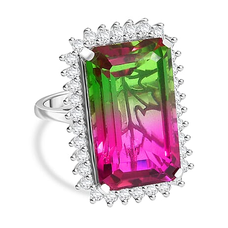 Watermelon Quartz Triplet & White Zircon Solitaire Ring in Rhodium Overlay Sterling Silver 24.59 Ct.