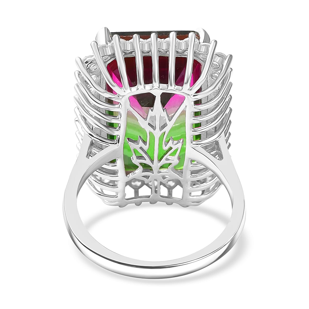 Watermelon Quartz Triplet & White Zircon Solitaire Ring in Rhodium Overlay Sterling Silver 24.59 Ct. Watermelon Quartz Triplet & White Zircon Solitaire Ring in Rhodium Overlay Sterling Silver 24.59 Ct.
