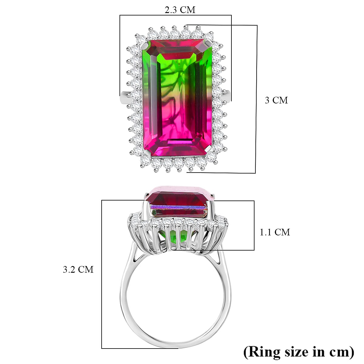 Watermelon Quartz Triplet & White Zircon Solitaire Ring in Rhodium Overlay Sterling Silver 24.59 Ct. Watermelon Quartz Triplet & White Zircon Solitaire Ring in Rhodium Overlay Sterling Silver 24.59 Ct.