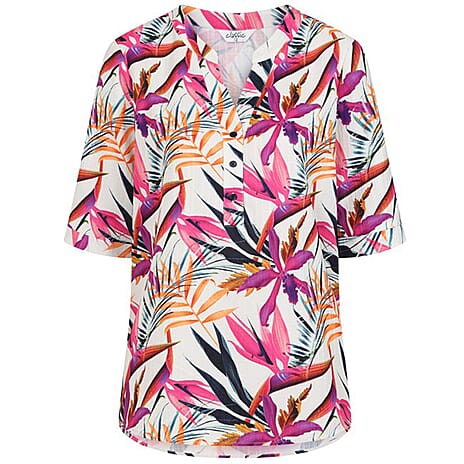 Classics Tropical Print 3-Button Blouse (Size 10) - Multicolor
