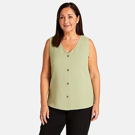 Classic V-Neck Sleeveless Button Front Vest (Size 12) - Khaki