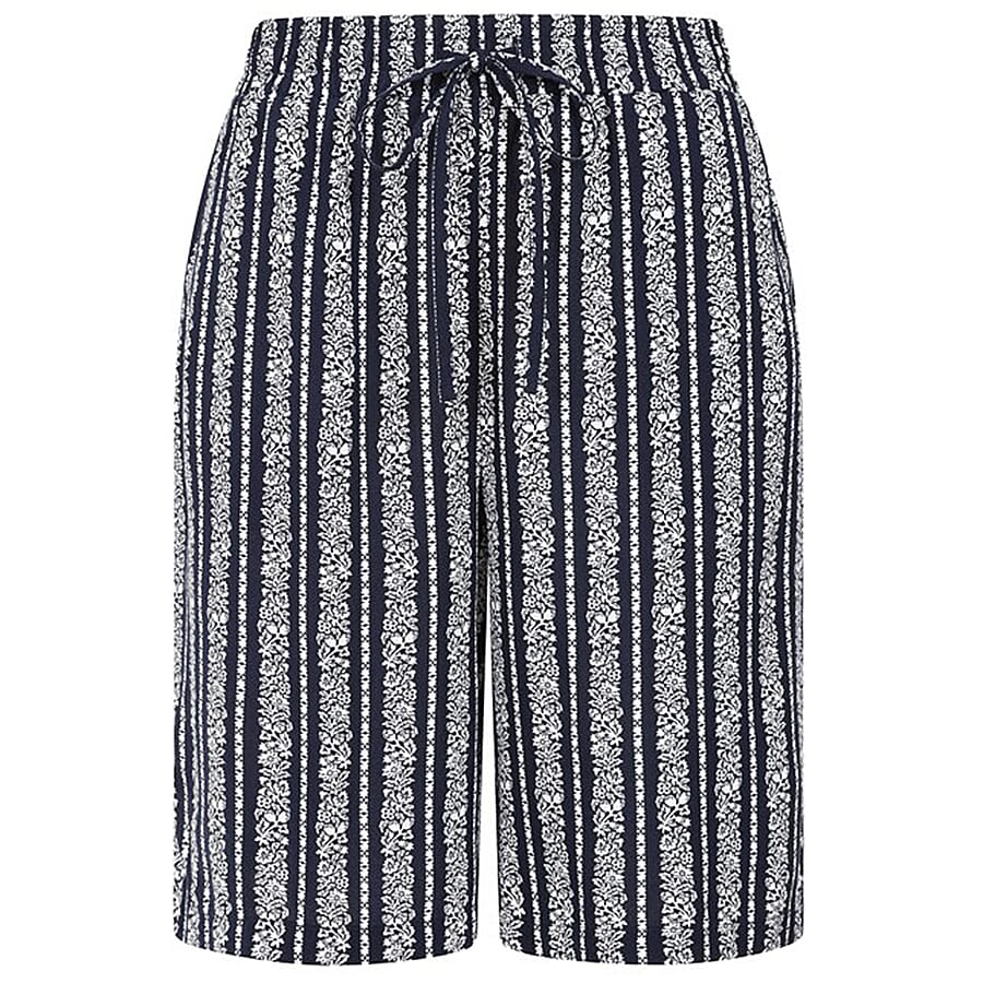 Classic Striped Spun Viscose Shorts with Drawstring Waist (Size 12) - Navy - White