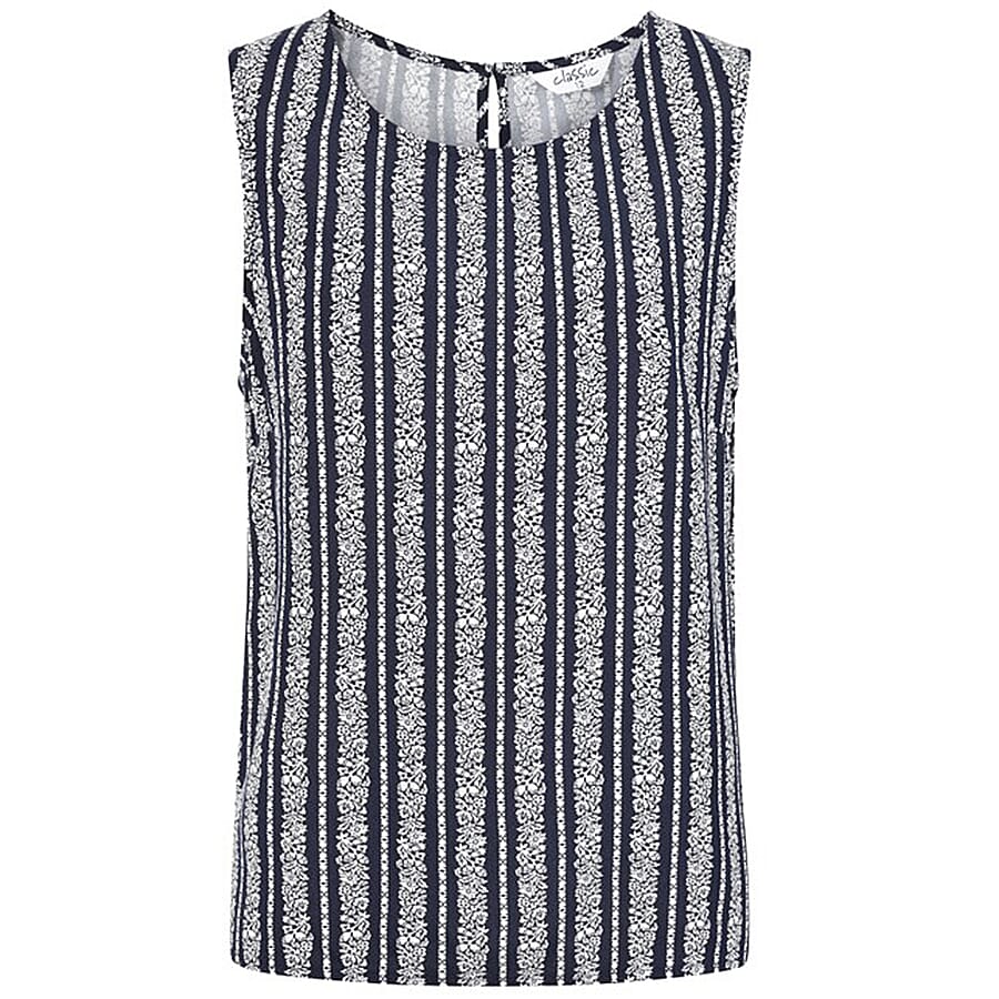 Classic Striped Spun Viscose Sleeveless Top with Keyhole Back (Size 12) - Navy
