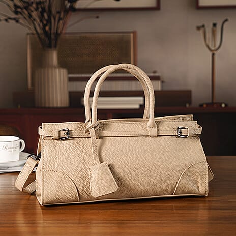 Designer Inspired - Genuine Leather Mini Handbag - Beige
