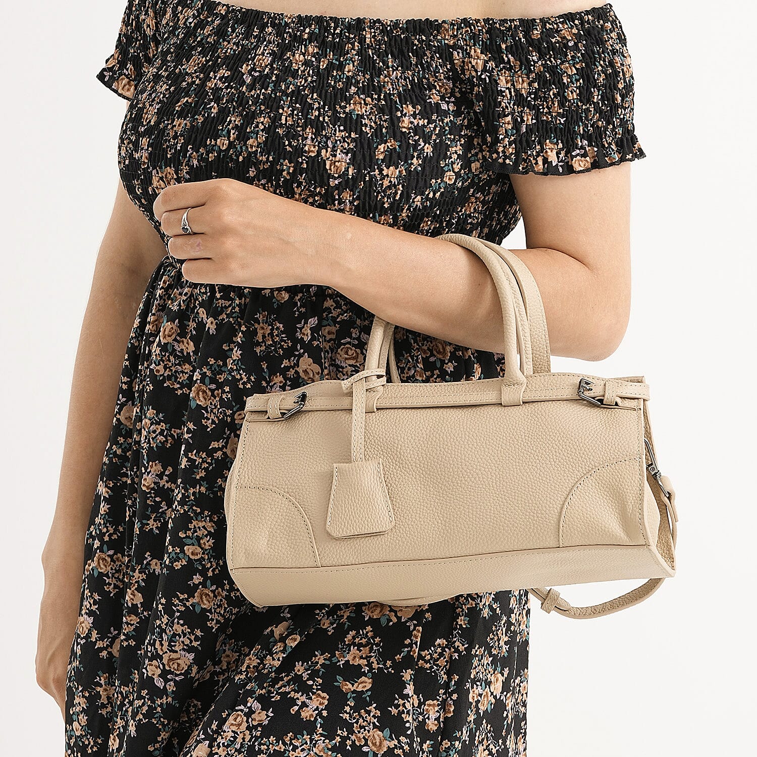 Genuine Leather Mini Handbag - Beige