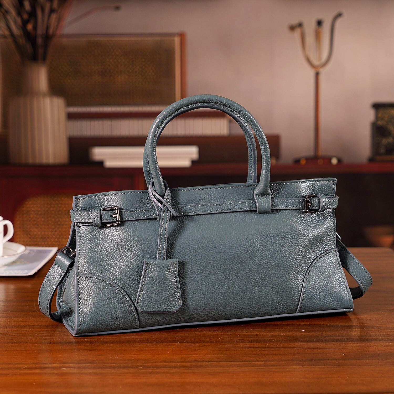 Genuine Leather Mini Handbag - Teal