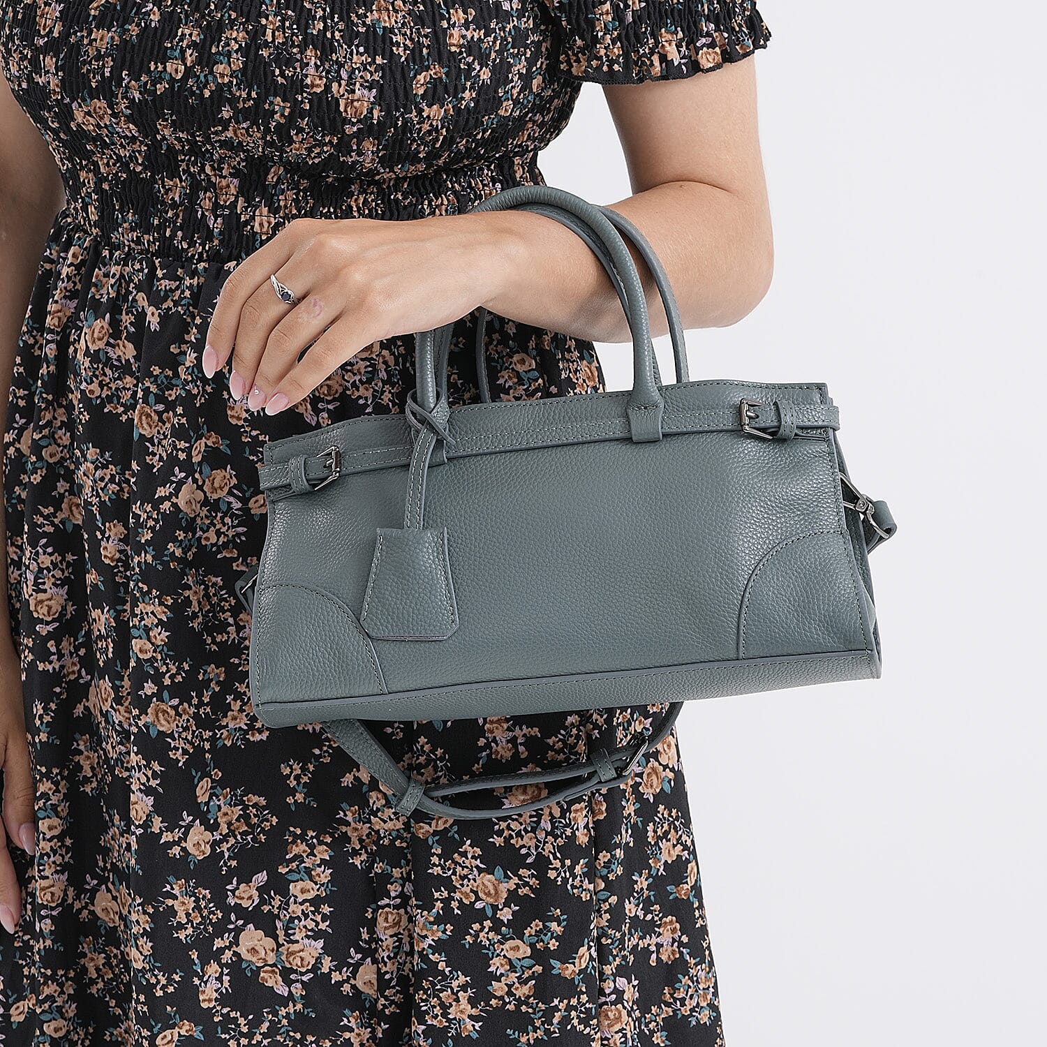 Genuine Leather Mini Handbag - Teal