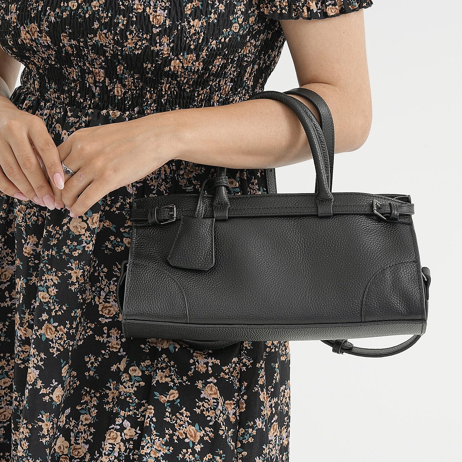 Genuine Leather Mini Handbag - Black