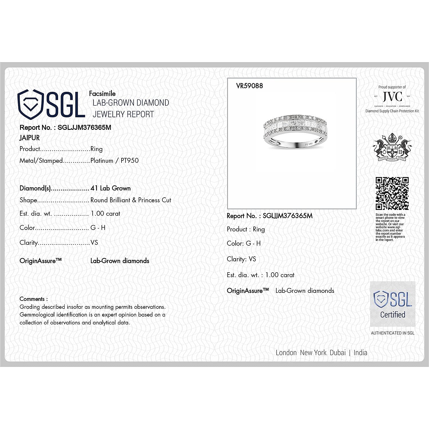 Luxuriant Diamond 950 Platinum SGL Certified Lab Grown Diamond (VS-GH) Band Ring 1.00 Ct, Platinum Wt. 5.45 Gms. Luxuriant Diamond 950 Platinum SGL Certified Lab Grown Diamond (VS-GH) Band Ring 1.00 Ct, Platinum Wt. 5.45 Gms.