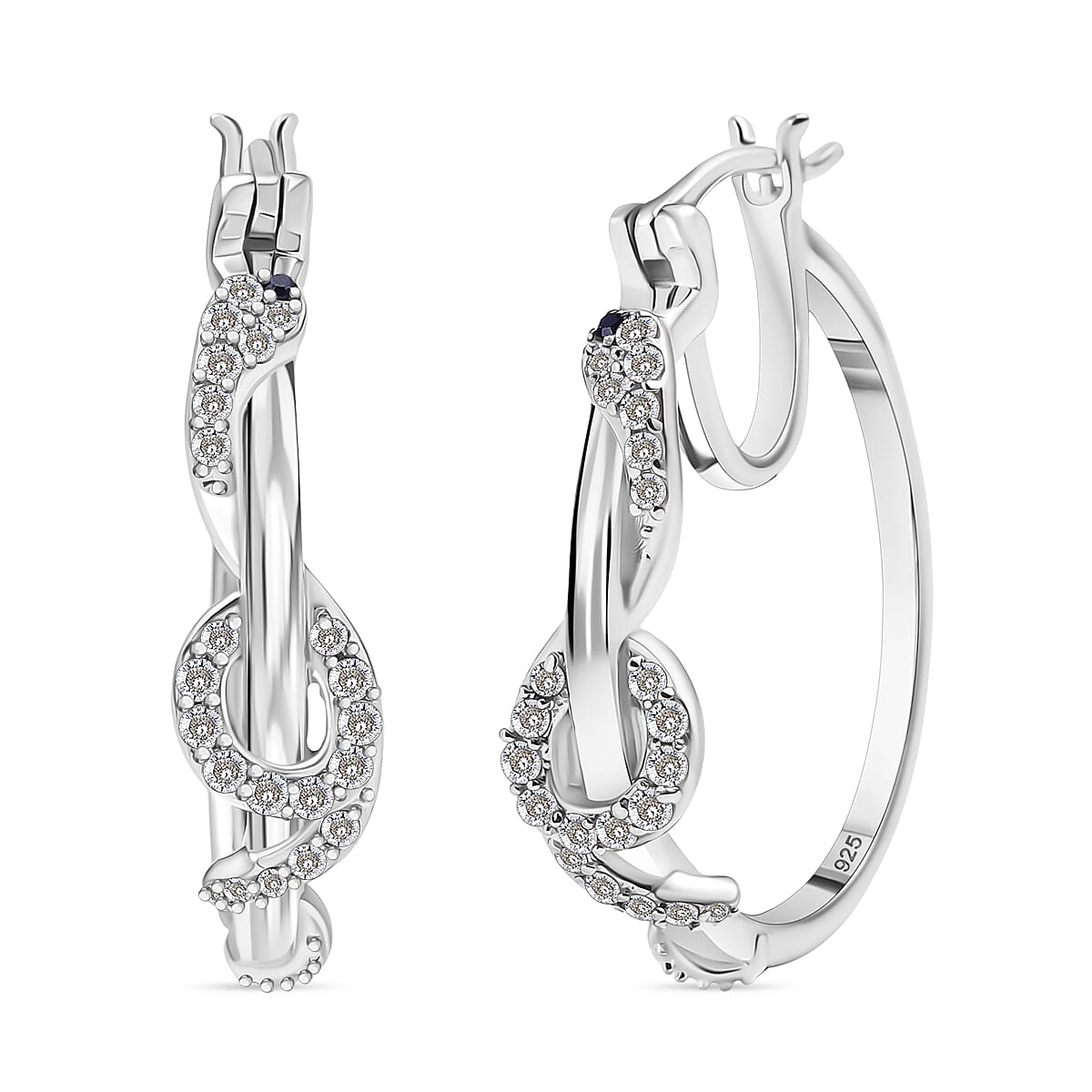 White Diamond, Black Diamond J Hoop Half Hoop Earring with Clasp in Rhodium Overlay Sterling Silver 0.50 Ct, Silver wt. 6.95 Gms.