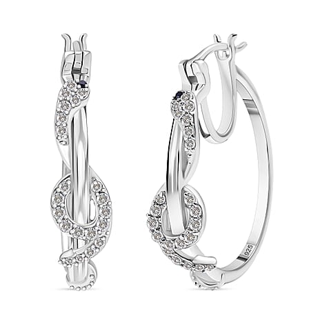 White Diamond, Black Diamond J Hoop Half Hoop Earring with Clasp in Rhodium Overlay Sterling Silver 0.50 Ct, Silver wt. 6.95 Gms.
