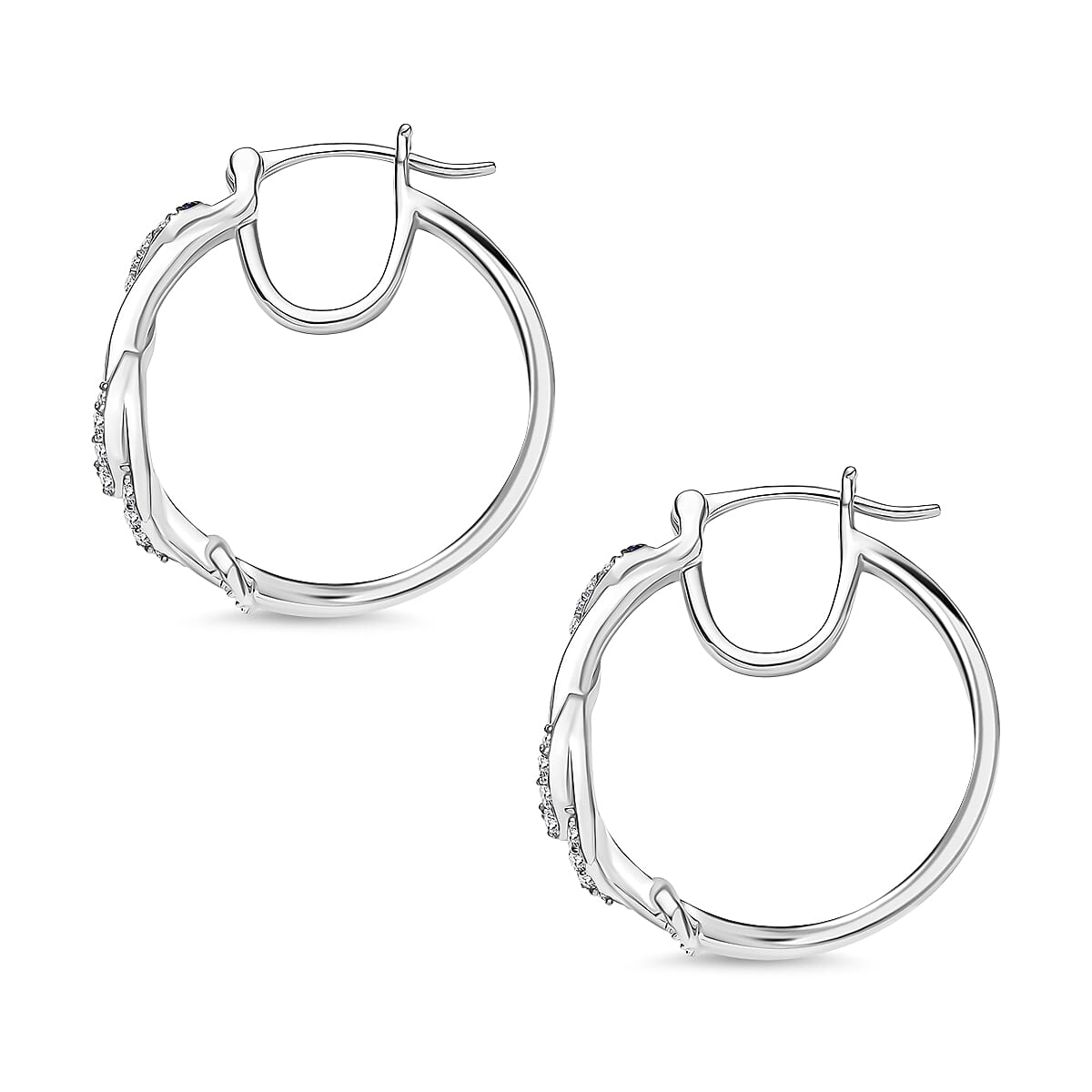 White Diamond, Black Diamond J Hoop Half Hoop Earring with Clasp in Rhodium Overlay Sterling Silver 0.50 Ct, Silver wt. 6.95 Gms.