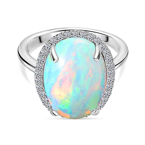 Luxuriant 950 Platinum AAAA Natural Ethiopian Opal & Lab Grown Diamond (SI-G-H) Ring 6.63 Ct, Platinum wt. 5.75 Gms.