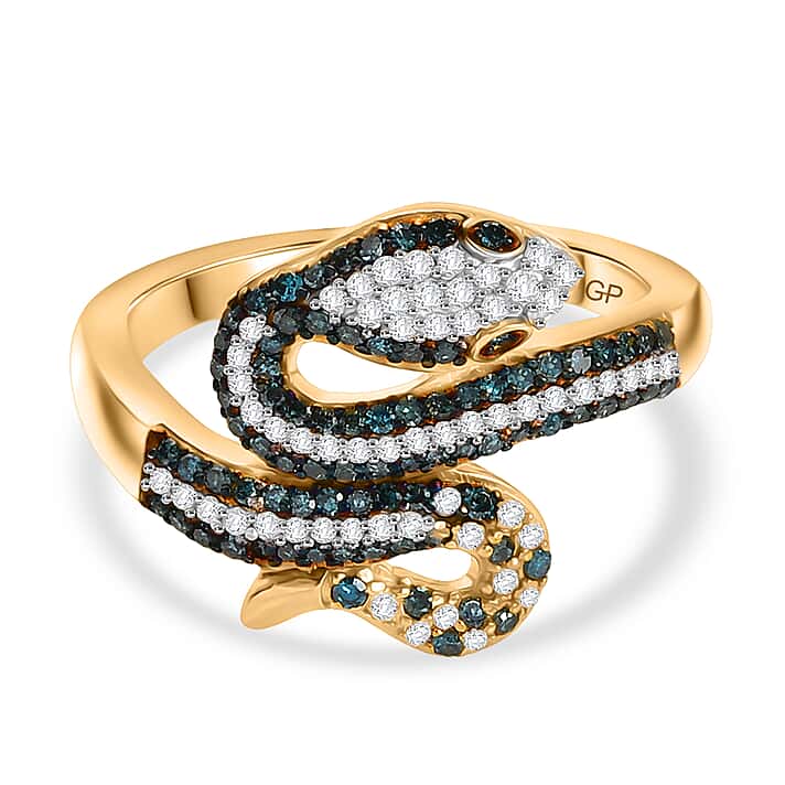 GP Serpentine Collection - White Diamond and Blue Diamond Ring in 18K Vermeil Yellow Gold Plated Sterling Silver