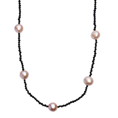 Multi Colour Fresh Water Pearl & Black Spinel Necklace (Size - 24 -2 Ext.) with Lobster Clasp in Rhodium Overlay Sterling Silver 75.00 Ct.