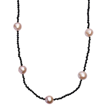 Multi Colour Fresh Water Pearl & Black Spinel Necklace (Size - 24 -2 Ext.) with Lobster Clasp in Rhodium Overlay Sterling Silver 75.00 Ct.