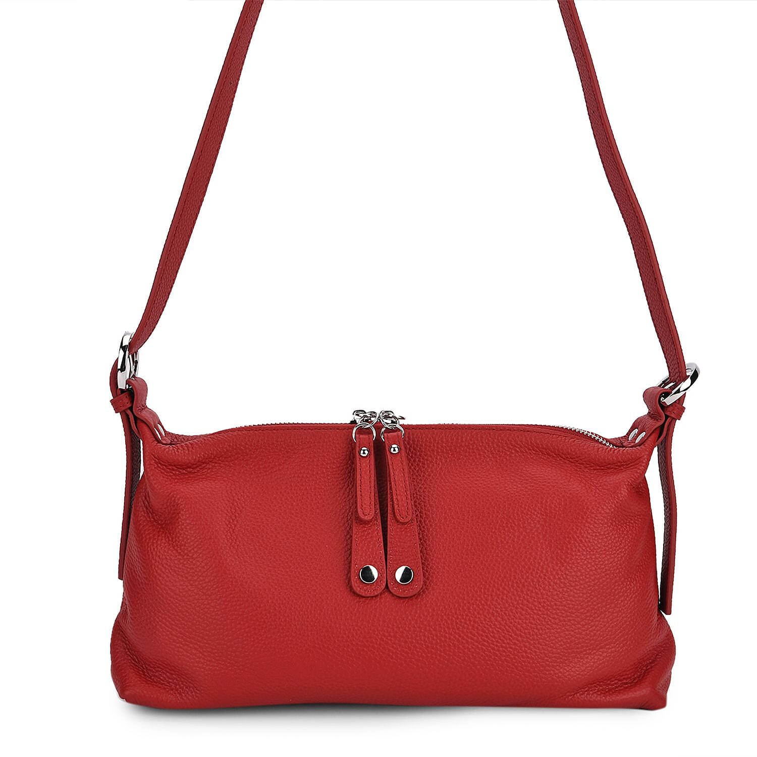 Genuine Leather Multi-Pocket Crossbody Bag with Adjustable Strap - Red