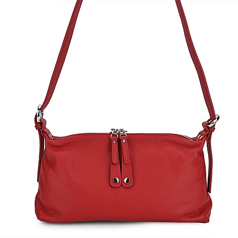 Genuine Leather Multi-Pocket Crossbody Bag with Adjustable Strap - Red