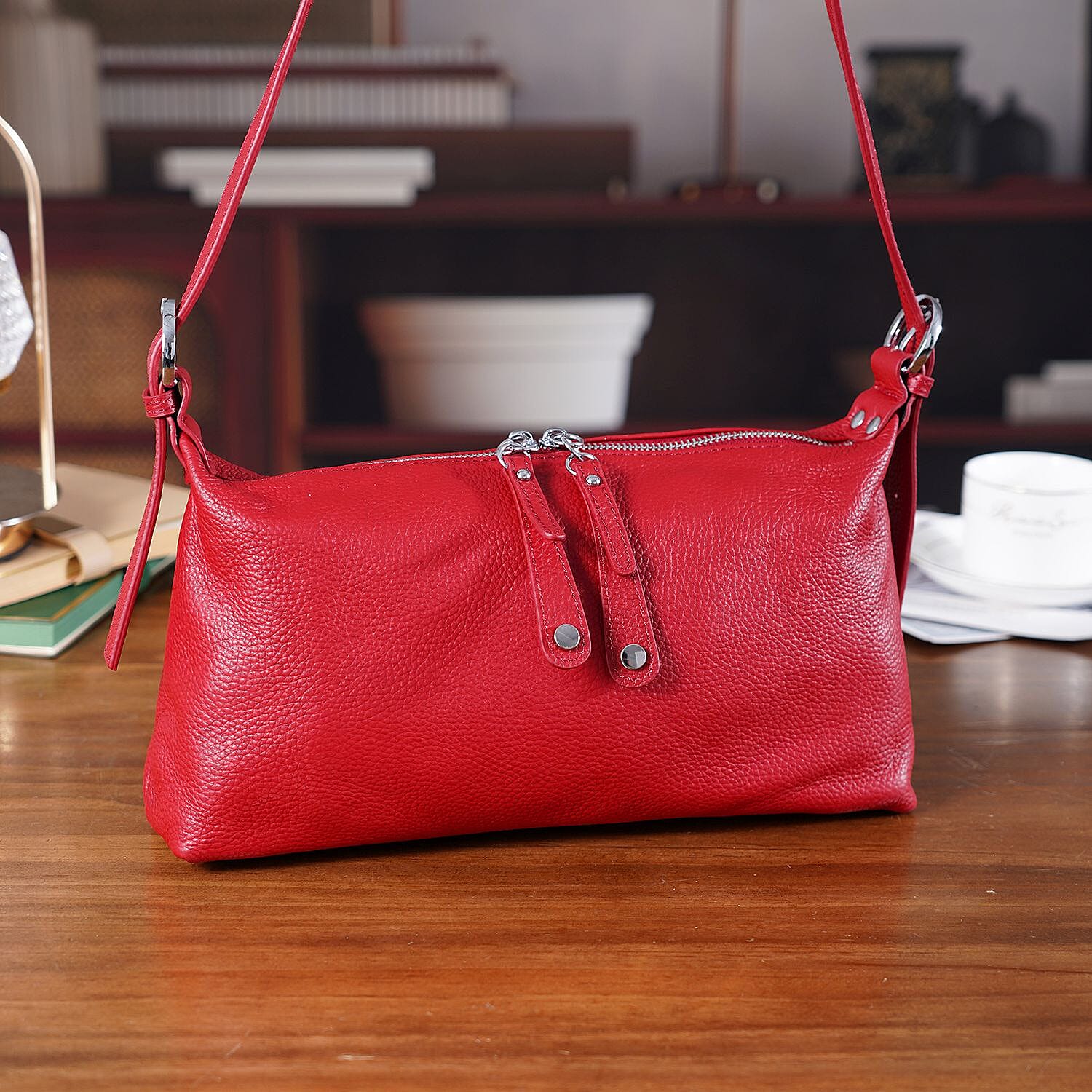 Genuine Leather Multi-Pocket Crossbody Bag with Adjustable Strap - Red