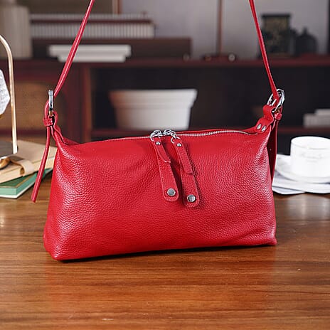 100% Genuine Leather Full Grain  Crossbody Bag with Adjustable Strap - Red