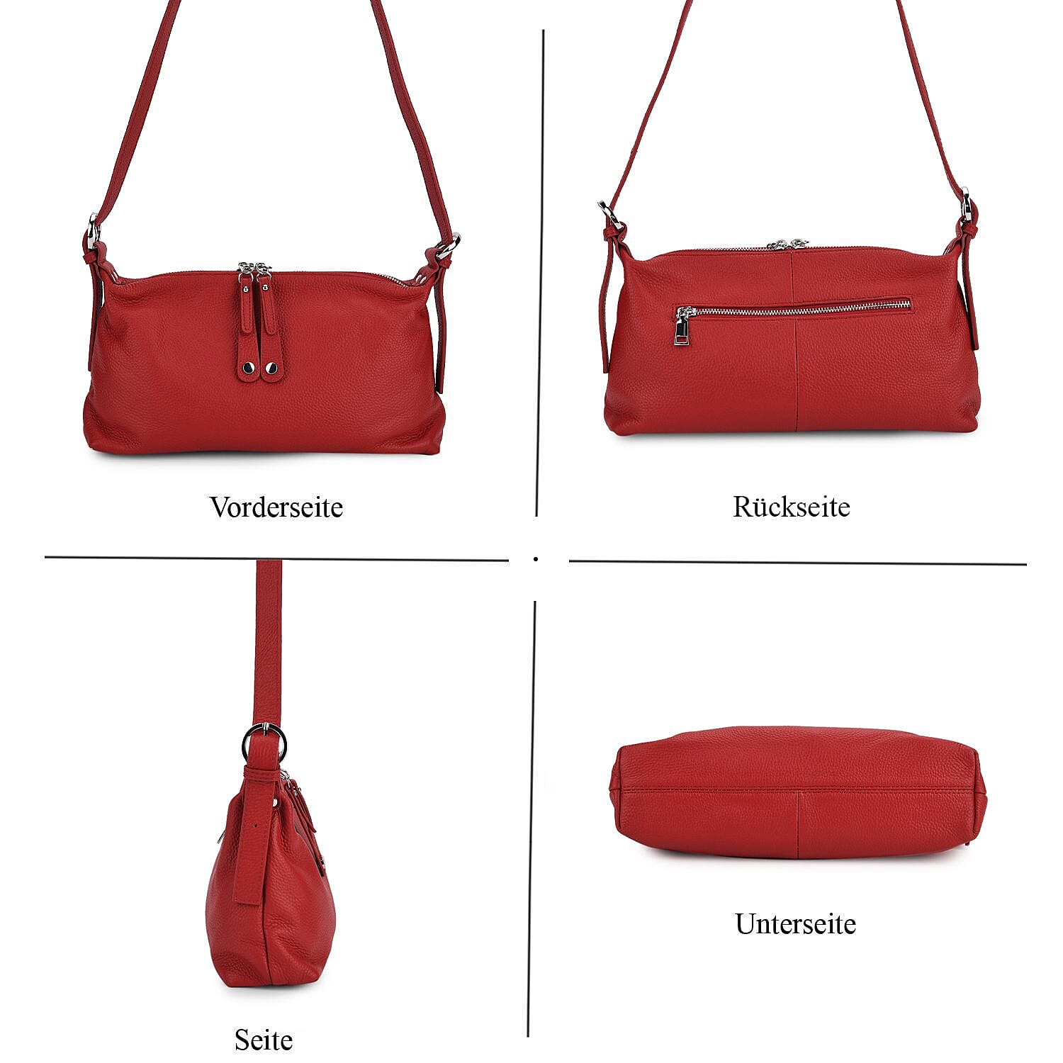 Genuine Leather Multi-Pocket Crossbody Bag with Adjustable Strap - Red