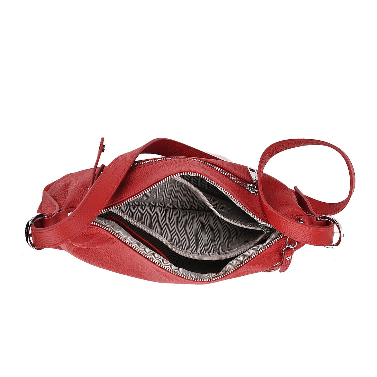Genuine Leather Multi-Pocket Crossbody Bag with Adjustable Strap - Red