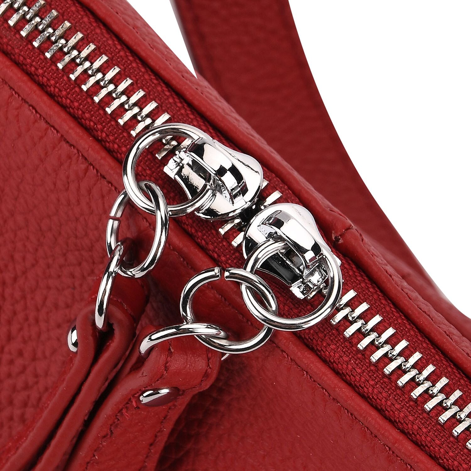 Genuine Leather Multi-Pocket Crossbody Bag with Adjustable Strap - Red