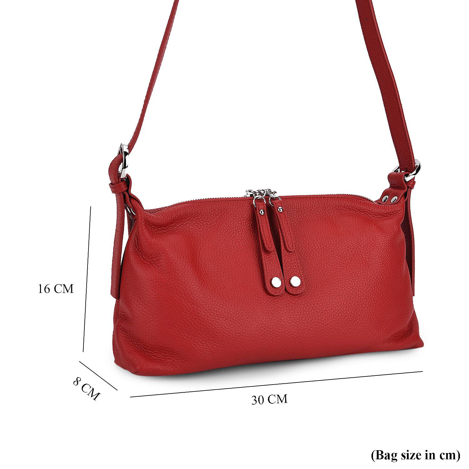 Genuine Leather Multi-Pocket Crossbody Bag with Adjustable Strap - Red