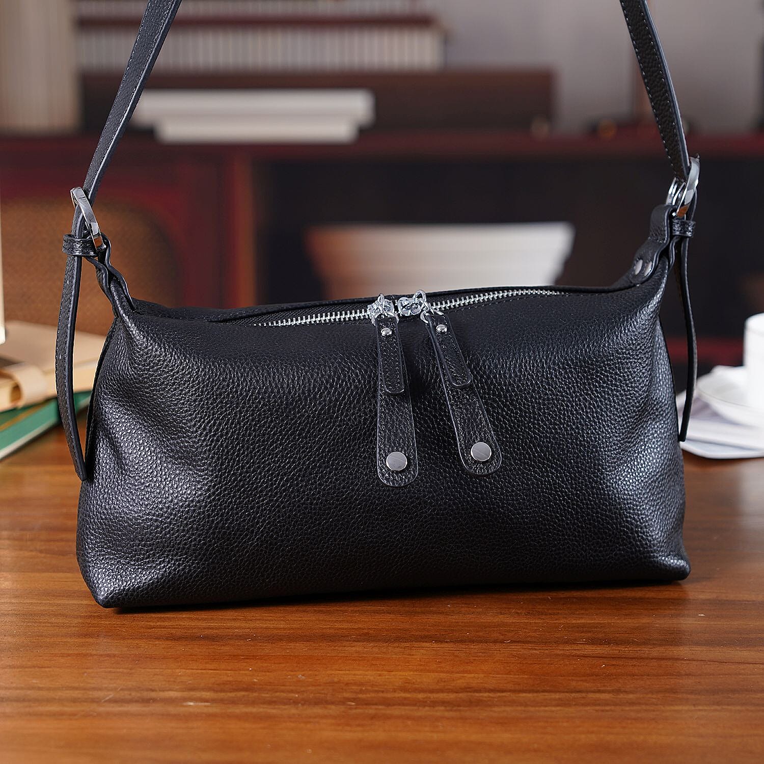 Genuine Leather Multi-Pocket Crossbody Bag with Adjustable Strap - Black