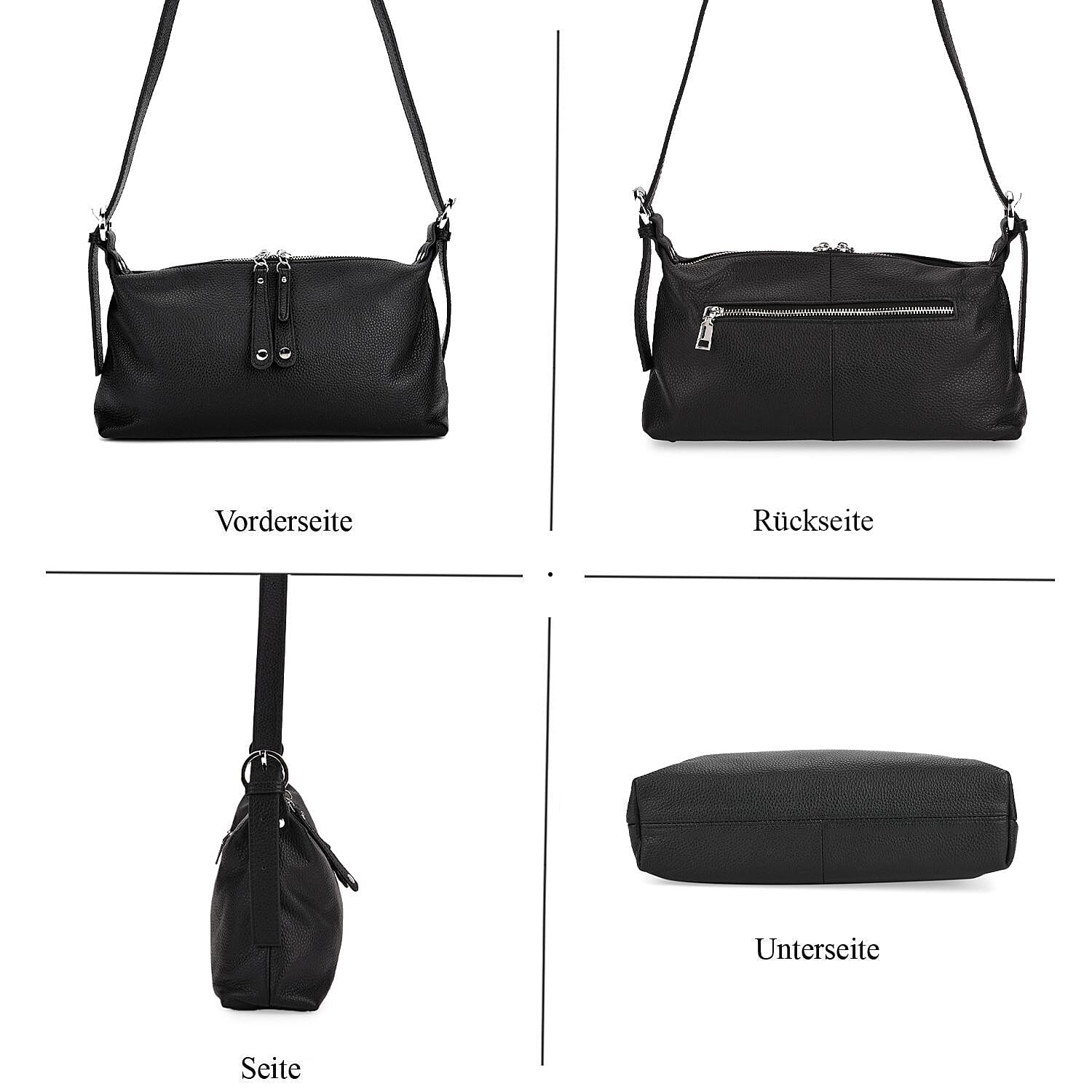 Genuine Leather Multi-Pocket Crossbody Bag with Adjustable Strap - Black