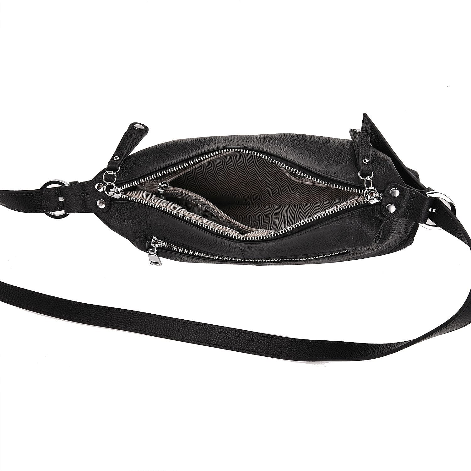 Genuine Leather Multi-Pocket Crossbody Bag with Adjustable Strap - Black