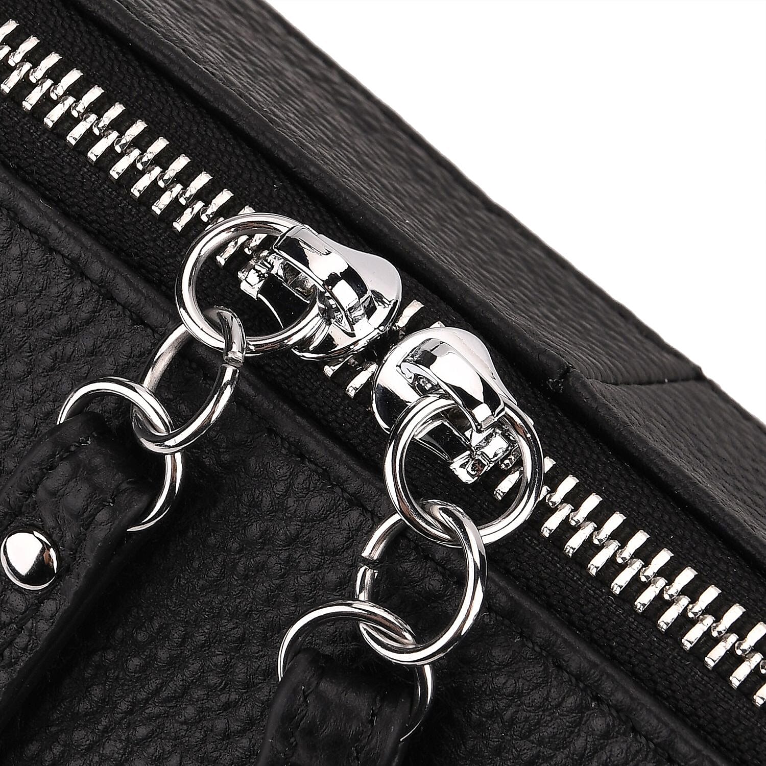 Genuine Leather Multi-Pocket Crossbody Bag with Adjustable Strap - Black