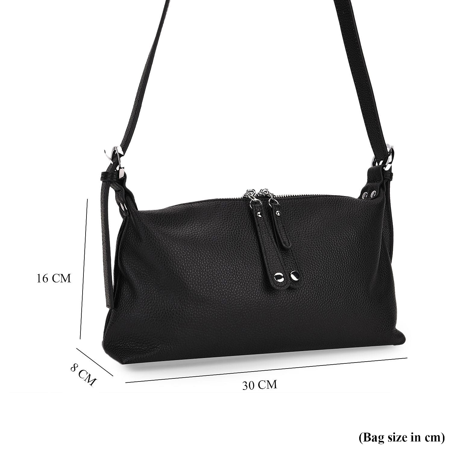 Genuine Leather Multi-Pocket Crossbody Bag with Adjustable Strap - Black