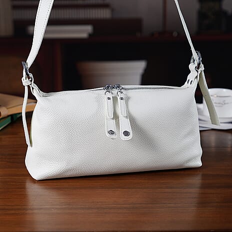 100% Genuine Leather Full Grain  Crossbody Bag with Adjustable Strap - Ivory