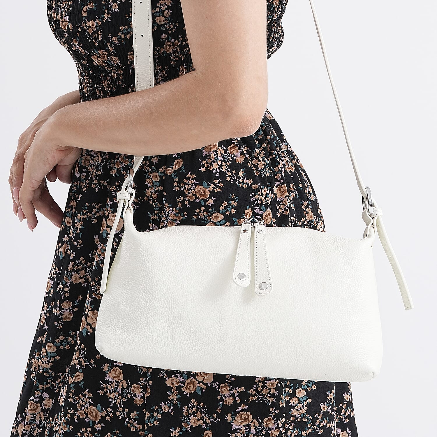 100% Genuine Leather Full Grain  Crossbody Bag with Adjustable Strap - Ivory