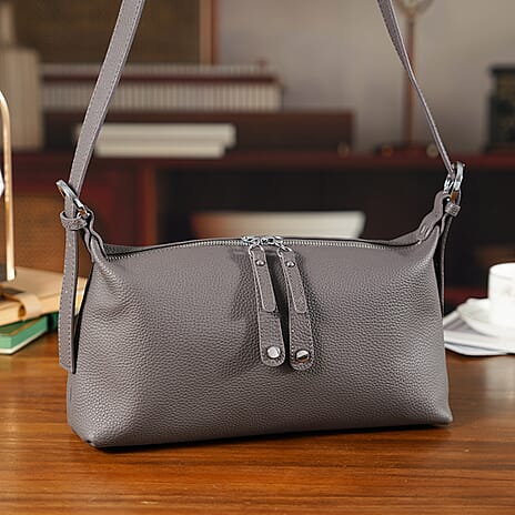100% Genuine Leather  Full Grain Crossbody Bag with Adjustable Strap - Grey