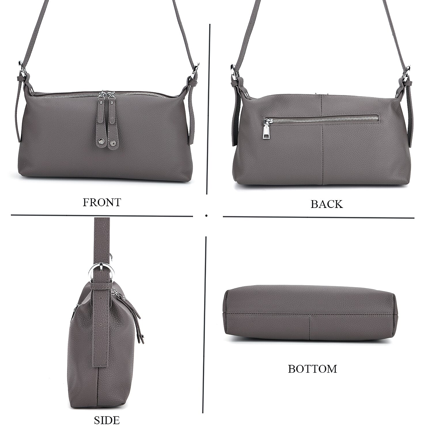 Genuine Leather Multi-Pocket Crossbody Bag with Adjustable Strap - Grey